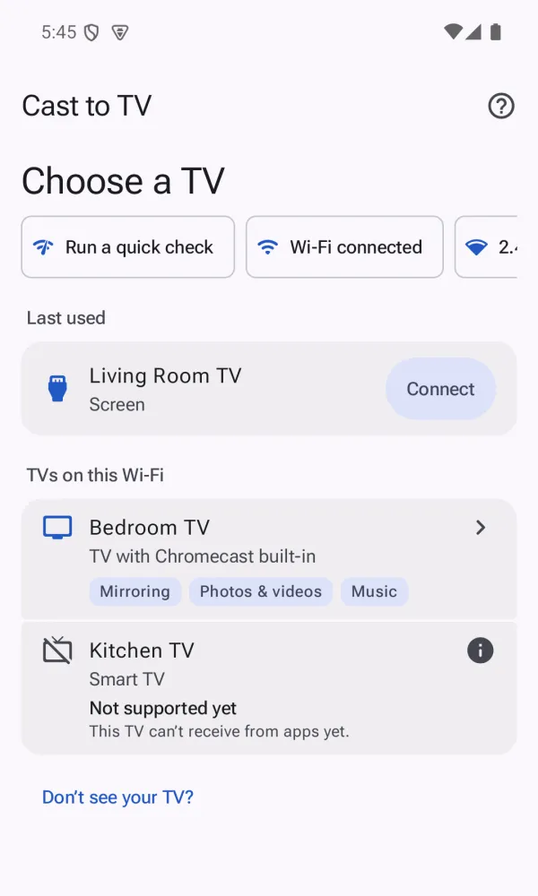 Cast to TV: the Choose a TV screen with Living Room TV under Last used and Bedroom TV on this Wi-Fi