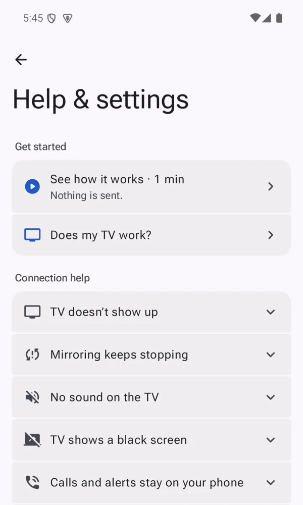 Help and settings screen with connection help topics such as TV doesn't show up and Mirroring keeps stopping