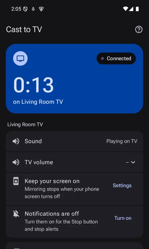 Dark theme: mirroring live, Connected, 0:13 on Living Room TV