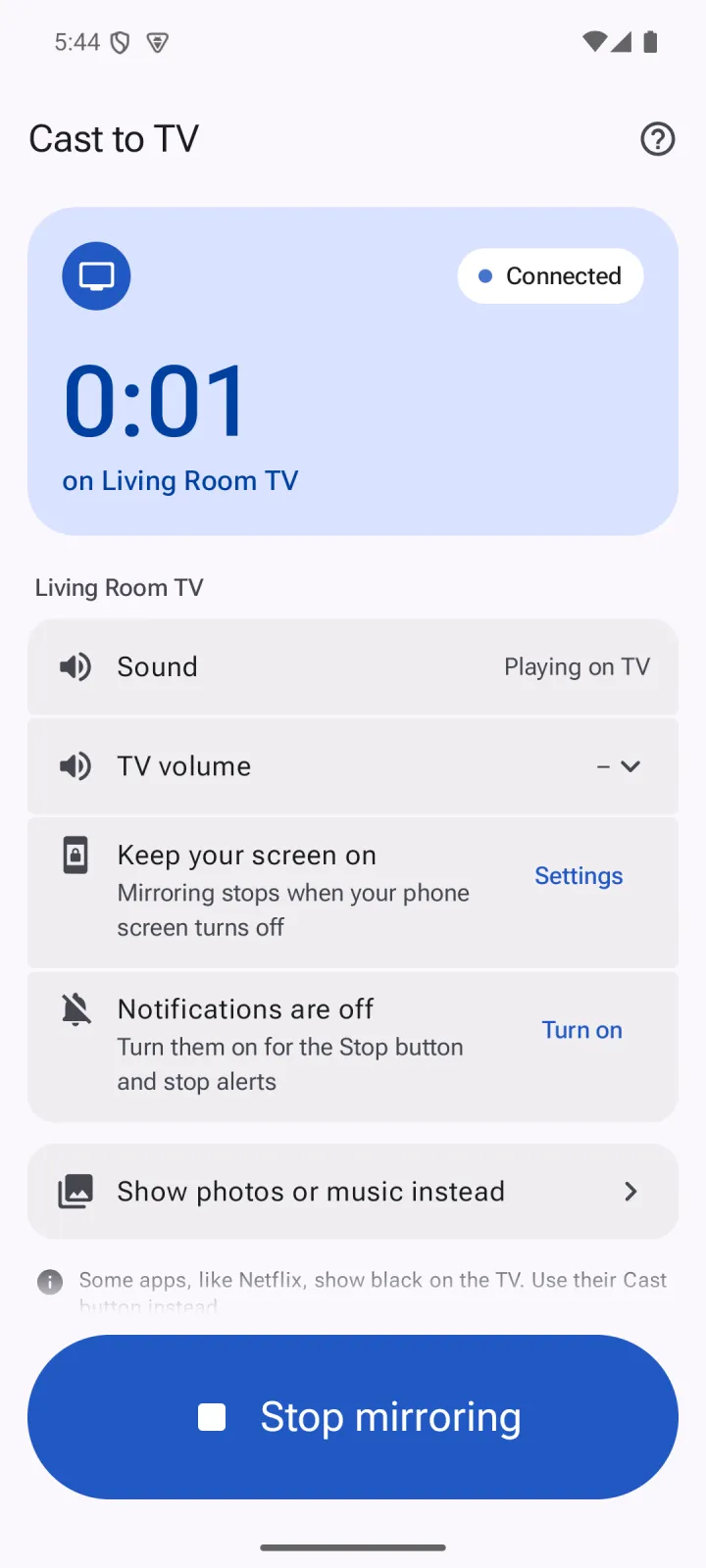 Cast to TV while mirroring: Connected, 0:01 on Living Room TV, with Sound playing on TV and a large Stop mirroring button