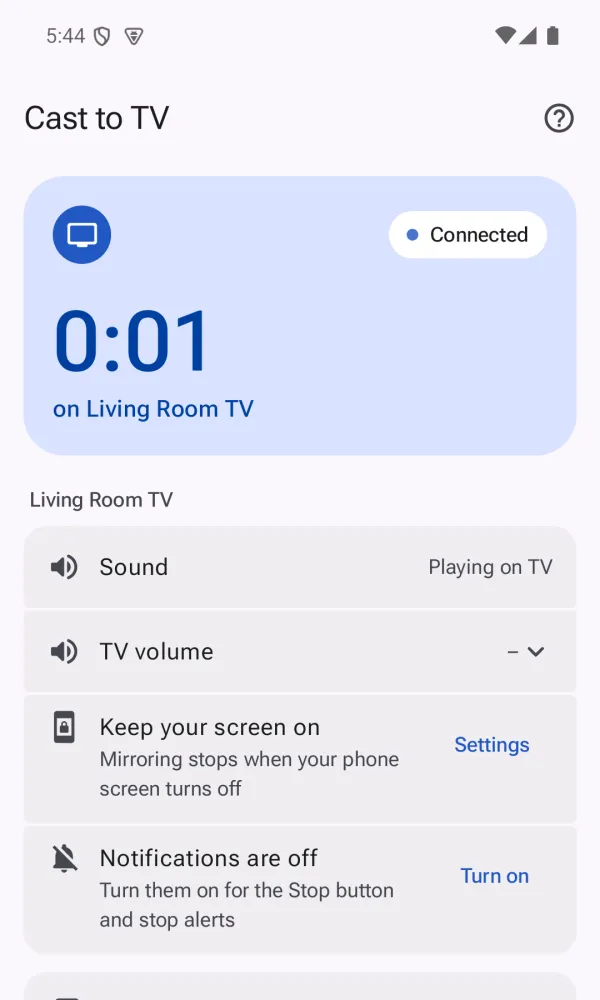 Mirroring screen showing Sound: Playing on TV and a TV volume control