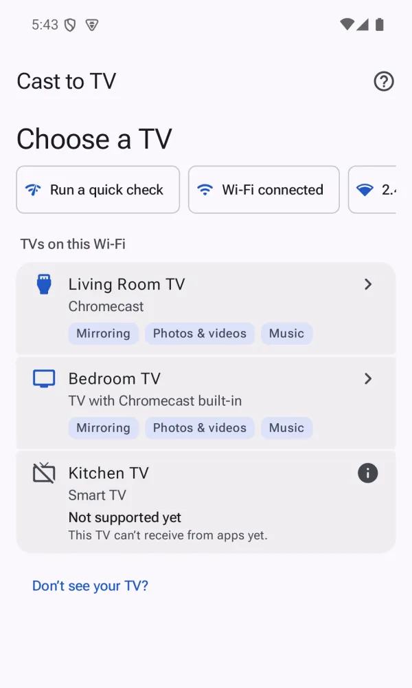 Choose a TV screen listing Living Room TV, Bedroom TV and Kitchen TV found on this Wi-Fi