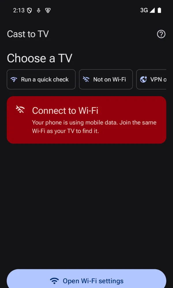 Dark theme: Connect to Wi-Fi message explaining the phone is using mobile data