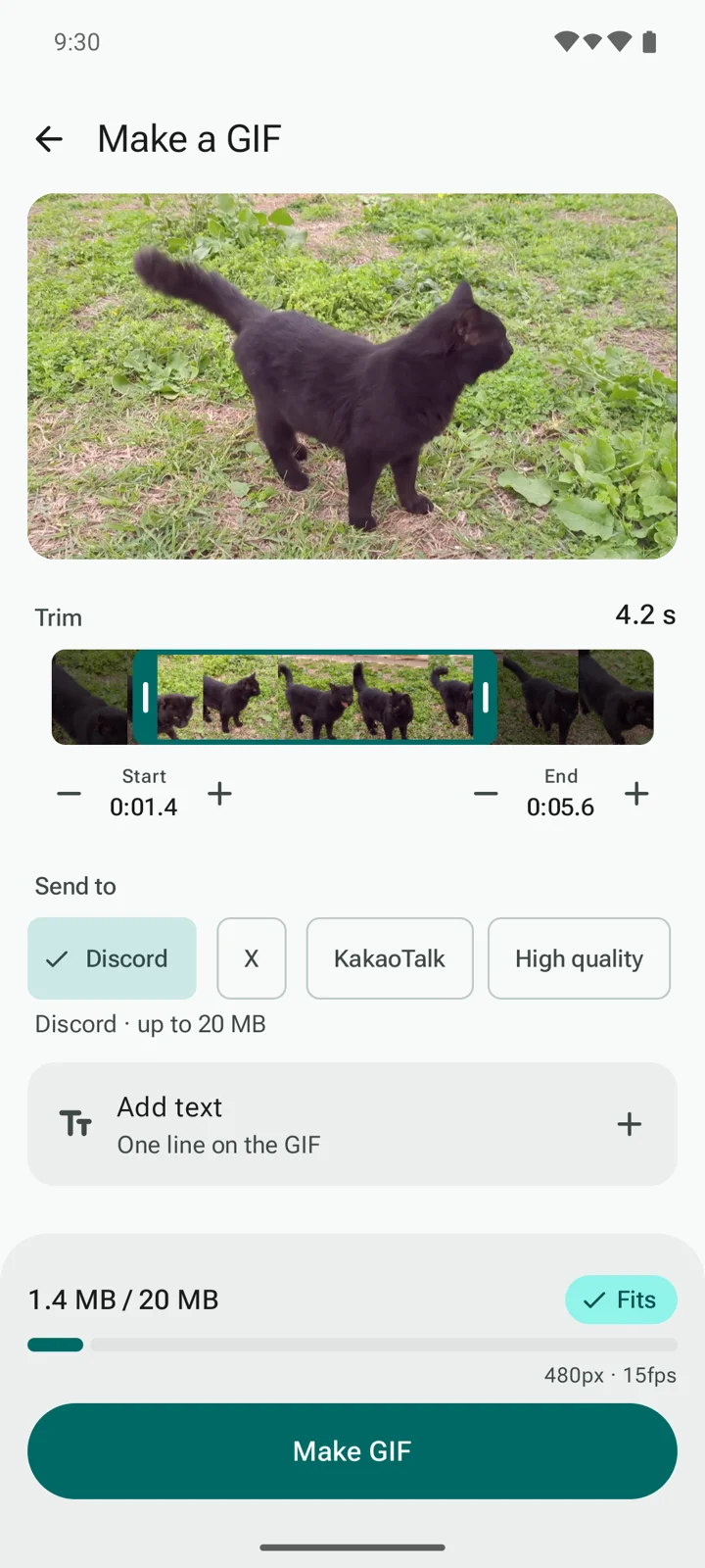 Make a GIF screen with a trim bar, Send to chips, an Add text row and a size gauge showing Fits
